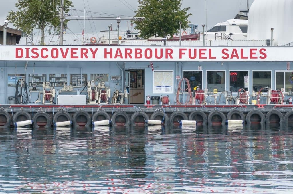 Discovery Harbour Fuel Sales dock and sign on the Campbell River waterfront